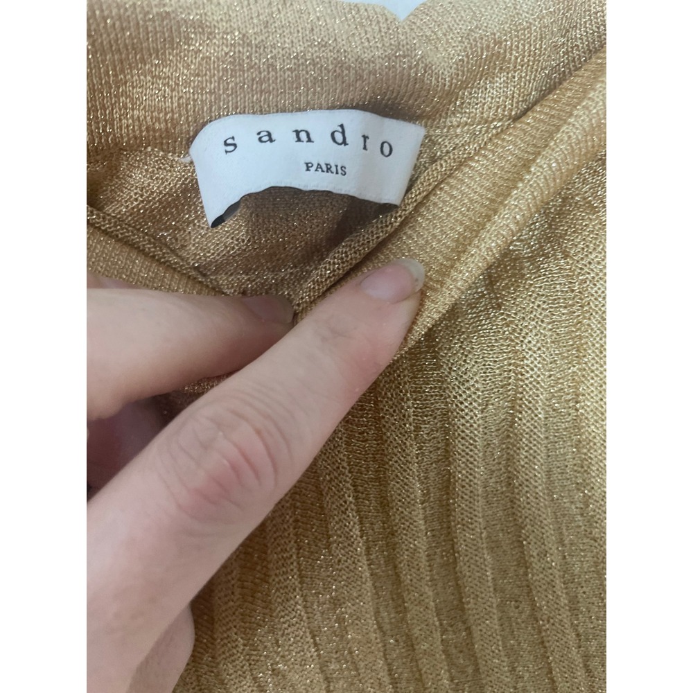 Sandro Paris Gold Metallic Pleated Midi Skirt Side Slit Knit Size 2 - Picture 7 of 9